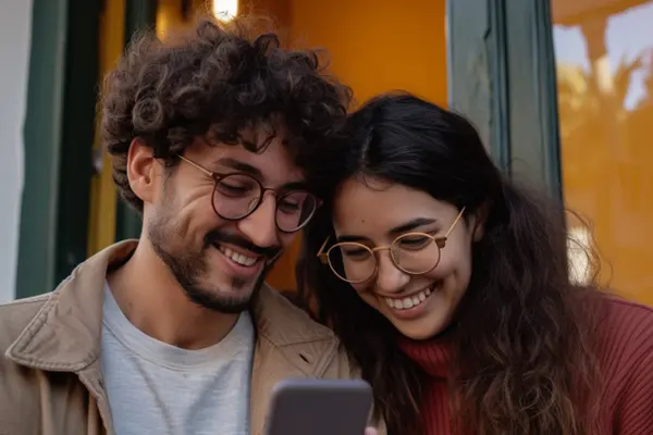 Mladý usmívající se pár s mobilem v ruce